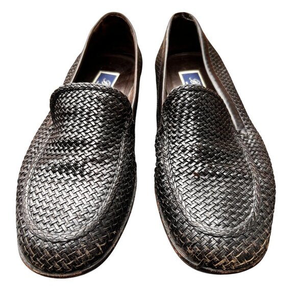 Braganos Men 9 Old Money Loafers Black English Calf Leather Slip On Finely Woven - Picture 1 of 15